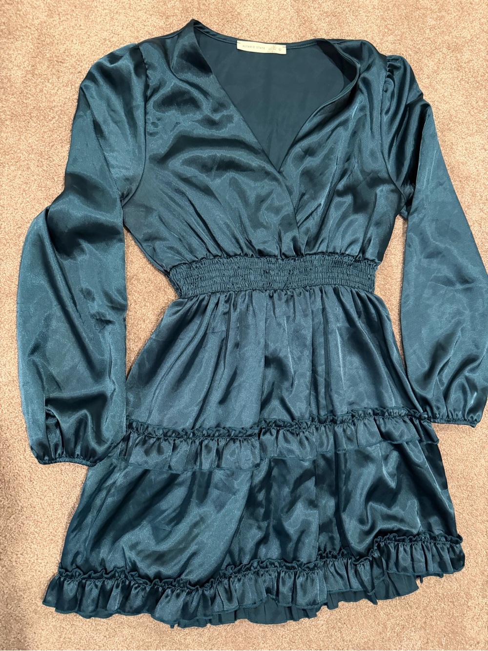 Altar’d State L Teal Satin Ruffle Mini Dress Long Sleeve Holiday
